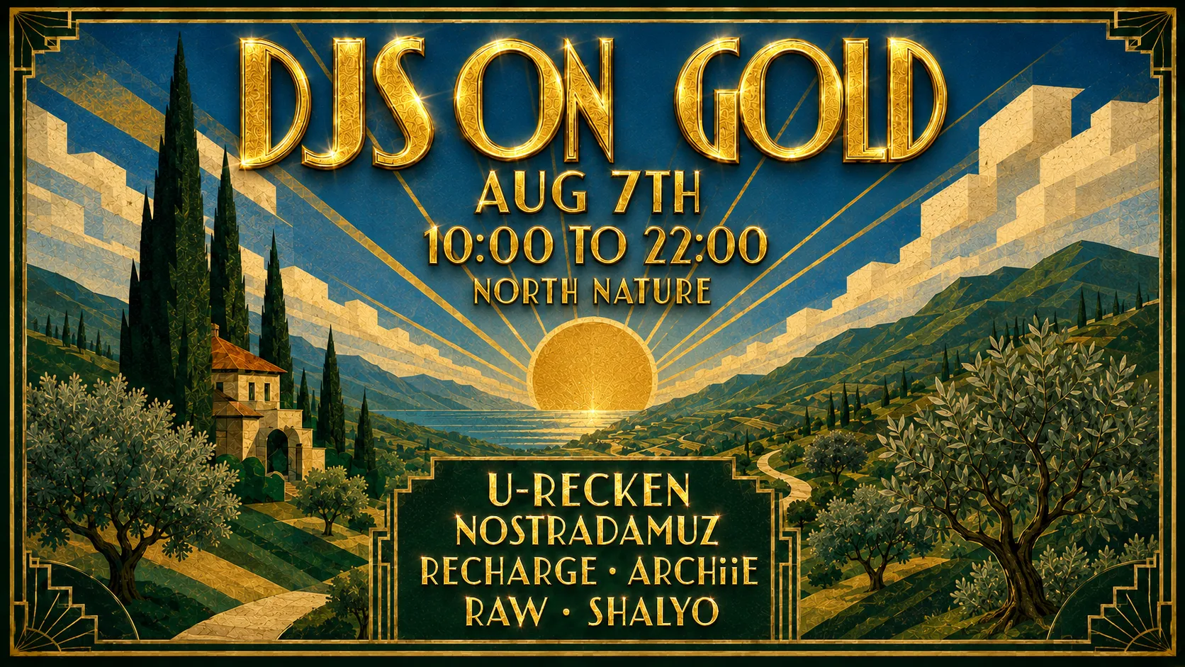 DJs ON GOLD, the official poster: SUMMER TIME, Friday August 7th, 10:00 to 22:00, up north. The lineup: U-RECKEN, NOSTRADAMUZ, RECHARGE, ARCHiiE, RAW, SHALYO